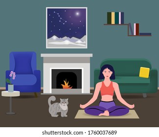 Woman doing yoga at home. The girl is meditating and sitting in a lotus position. Rest at home. Yoga with pets