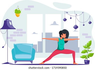 Woman doing yoga at home. Healthy lifestyle, yoga, meditation concept. Vector illustration