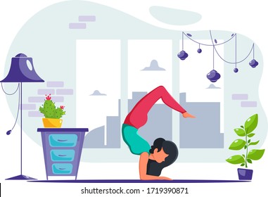 Woman doing yoga at home. Healthy lifestyle, yoga, meditation concept. Vector illustration