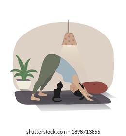 Woman doing yoga at home in her living room with her black cat, down dog pose, with mat, cushions, lamp and plants. Vector illustration, fully customizable for backgrounds, icons, banners, web...