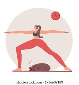 Woman doing yoga at home. Her cute cat is sitting and looking on the woman. Trendy vector flat illustration with lines.