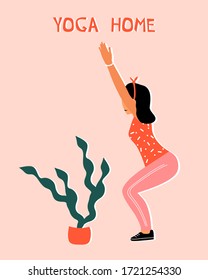 Woman doing yoga at home. Illustration with Chair Pose, Utkatasana. 