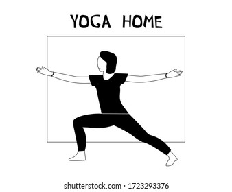 Woman doing yoga at home. Illustration with Warrior Pose, Virabhadrasana.