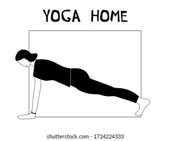 Woman doing yoga at home. Illustration with pose Plank, Chaturanga Dandasana, Four-Limbed Staff Pose.