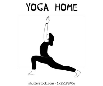 Woman doing yoga at home. Illustration with pose Warrior, Virabhadrasana.
