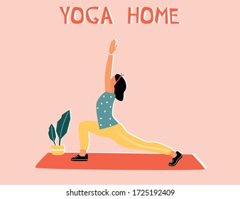 Woman doing yoga at home. Illustration with pose Warrior, Virabhadrasana.