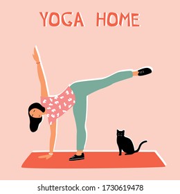 Woman doing yoga at home. Illustration with Half moon pose, Ardhachandrasana.