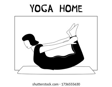 Woman doing yoga at home. Illustration with pose Dhanurasana, Bow Pose.