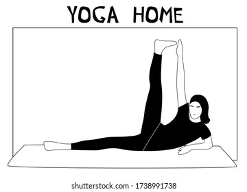 Woman doing yoga at home. Illustration with pose Аnantasana, Side-Reclining Leg Lift.