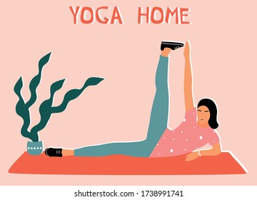 Woman doing yoga at home. Illustration with pose Аnantasana, Side-Reclining Leg Lift.