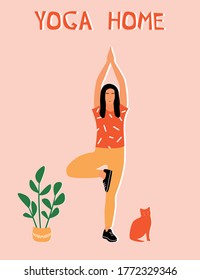 Woman doing yoga at home. Illustration with pose Tree Pose, Vrikshasana.