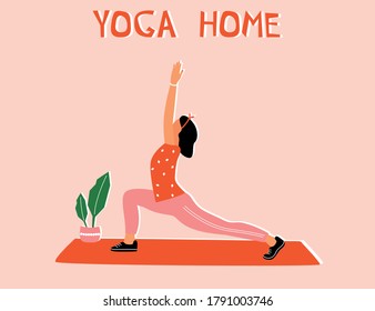 Woman doing yoga at home. Illustration with pose Warrior, Virabhadrasana.