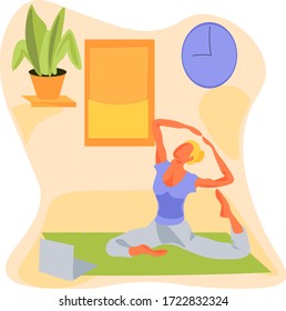 woman Doing Yoga At Home With Notebook Online Lets Stay Home flat design illustration