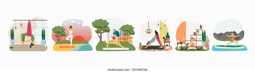 Woman doing yoga at home, in a park and on a beach. Wellness and meditation concept vector illustration. Anti gravity aerial yoga exercise. Woman stretch on a sup board