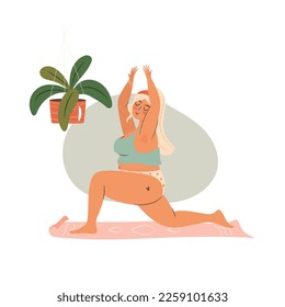 Woman doing yoga at home. Self time concept illustration