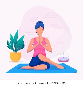 Woman doing yoga at home vector illustration. Healthy lifestyle.