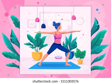 Woman doing yoga at home vector illustration. Healthy lifestyle.