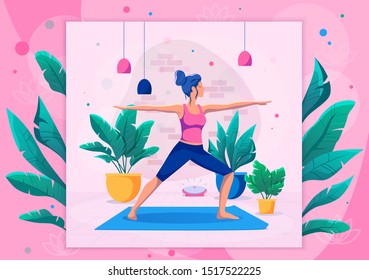 Woman doing yoga at home vector illustration. Healthy lifestyle.