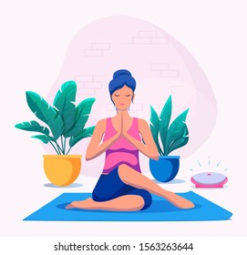 Woman doing yoga at home vector illustration. Healthy lifestyle.