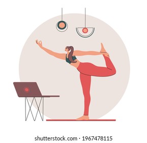 Woman doing yoga at home. Vector Illustration.