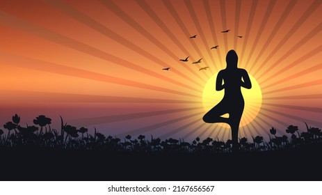 Woman doing yoga illustration with sunrise in background