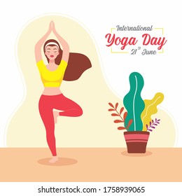 Woman doing yoga for International yoga day special event 21st june. Woman standing on one leg while practicing the tree yoga pose. 
Indian traditional yoga exercises. colourful vector background. 