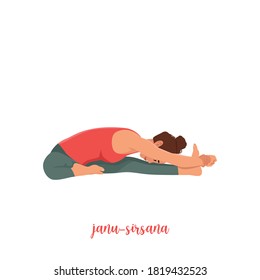 Woman doing yoga janu sirsasana head to knee pose. Flat vector illustration isolated on white background