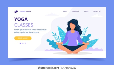 Woman doing yoga landing page. Woman sitting in asana in the park. Vector illustration in flat style