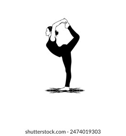 woman doing yoga lifting one leg backwards black and white, Lord of  The Dance Pose vector illustration