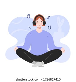 Woman doing yoga, listening to music at home, female character in wireless headphones in lotus position, calm peaceful mood, indoors activities, meditation concept, vector cartoon illustration