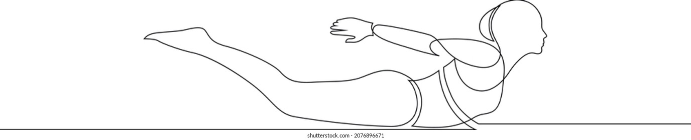 Woman doing Yoga Locust Pose. Continuous line drawing. Yoga class exercise concept. Vector illustration