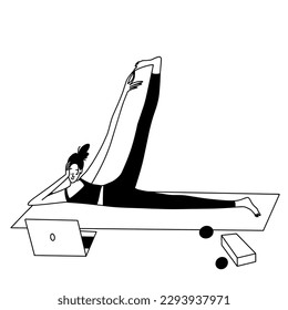 Woman doing yoga and looking exercises in laptop line vector doodle illustration