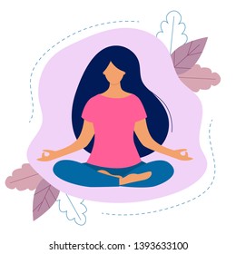 Woman doing yoga. Lotus pose The practice of meditation. Vector flat illustration.