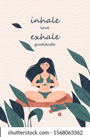 Woman doing yoga in a lotus position on the beach near tropical plants and text Inhale love Exhale gratitude