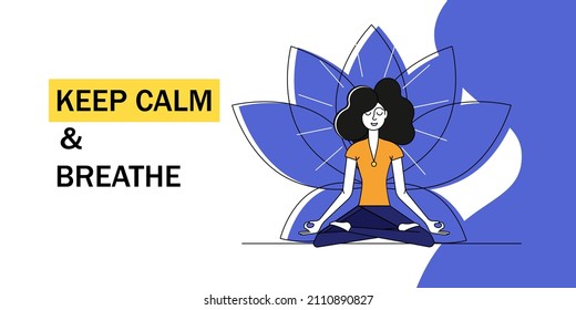 Woman doing yoga in the lotus position. Keep calm and breathe concept. Vector illustration isolated on white