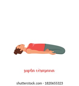 Woman doing yoga, lying in Reclining Hero exercise, Supta Virasana pose, working out. Flat vector illustration isolated on white background