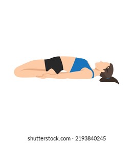 Woman doing yoga, lying in Reclining Hero exercise, Supta Virasana pose, working out. Flat vector illustration isolated on white background