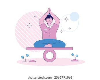 Woman doing yoga mediation by practicing balance. Sport of mind and body. Character design. Vector flat illustration