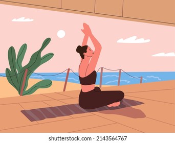 Woman doing yoga and meditating in lotus position on the beach. Mental health. Calm and harmony. Flat vector illustration. 