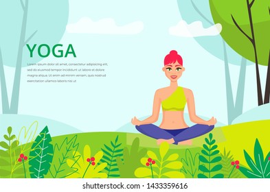 Woman doing yoga, meditating outdoor. Healthy lifestyle. Banner, poster hand drawn design. Colorful flat cartoon vector illustration