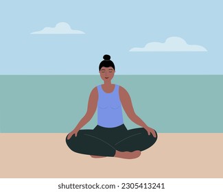 Woman doing yoga and meditating outdoors . Calm character sits on the sand. A person is engaged in exercises on the seashore in harmony with himself, enjoys. Cartoon vector illustration.