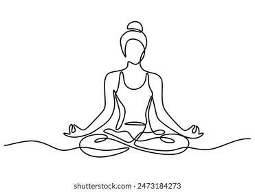 Frau macht Yoga und Meditation kontinuierliche Linie Zeichnung. Fitness- und Gymnastikkonzept. Vektorillustration minimalistisches Design von Hand gezeichnet.