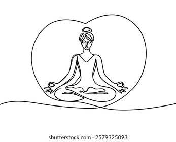 Woman doing yoga and meditation continuous line drawing. Fitness and gym concept. Vector illustration minimalist design hand drawn.