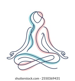 woman doing yoga and meditation . flat vector linear illustration isolated on white background