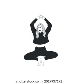 Woman doing yoga. Meditation girl. Healthy lifestyle. Spirit practice. Hand drawn art. Fitness and gymnastic. 