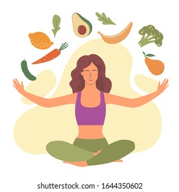 Woman doing yoga. Meditation, healthy lifestyle and vegan diet vector illustration