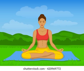 Woman doing Yoga Meditation in Lotus Pose Outside Vector Illustration. Woman meditating. Yoga Meditation Outdoor Class