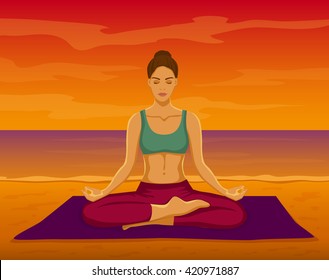 Woman doing Yoga Meditation on the beach during Sunset Vector Illustration. Woman meditating in Lotus Pose at the seaside. Yoga Meditation Outdoor