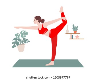 Woman doing yoga. Meditation, relaxation at home, spiritual practice, yoga and breathing exercise. Flat cartoon colorful vector illustration.