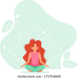 Woman doing yoga with nature background. Woman is meditating. Vector illustration in a flat style.